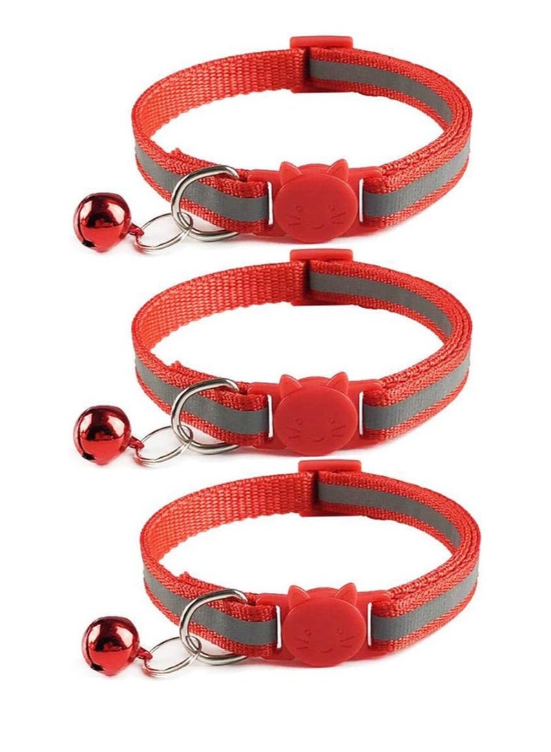 3x Reflective Design Adjustable Cat Collars More Safety Quick Release Safety Buckle with Bell Red - Image 1