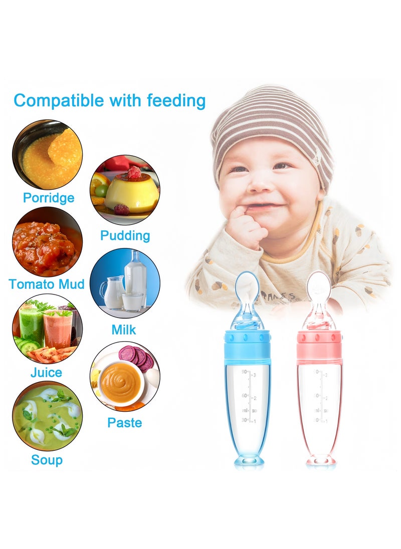 2 Pack Silicone Baby Spoons, Baby Food Dispensing Spoon,Baby Food Feeder,Baby Food Dispensing Spoon with Standing Base for Infant Dispensing and Feeding (Pink+Blue)