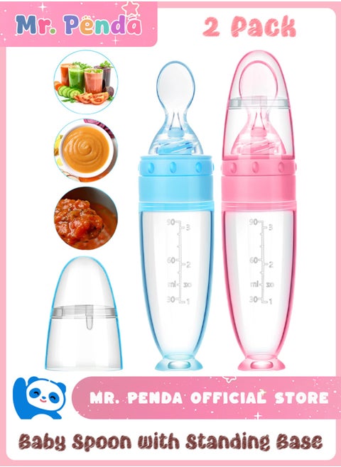 2 Pack Silicone Baby Spoons, Baby Food Dispensing Spoon,Baby Food Feeder,Baby Food Dispensing Spoon with Standing Base for Infant Dispensing and Feeding (Pink+Blue)
