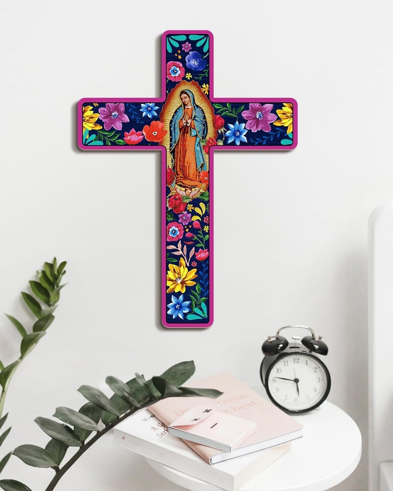 Putuo Decor ديكور حائط صليب مزخرف خشبي مزين بالأزهار بأسلوب إسباني - ديكور صليب حائط فني مكسيكي - صليب للديكور في المنزل أو الغرفة أو الكنيسة - Image 5
