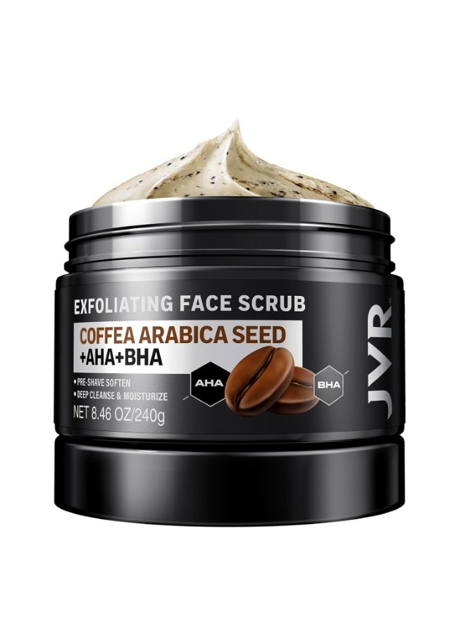 JVR Face Scrub for Men, Facial Scrub for Deep Exfoliating, Cleansing, Removing Blackheads, Ingrown Hairs, Pre-shave Soften, Organic Formulated with Coffee Extract, AHA and BHA Face Exfoliator (8.46 oz) - Image 1