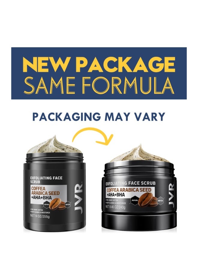 JVR Face Scrub for Men, Facial Scrub for Deep Exfoliating, Cleansing, Removing Blackheads, Ingrown Hairs, Pre-shave Soften, Organic Formulated with Coffee Extract, AHA and BHA Face Exfoliator (8.46 oz) - Image 5