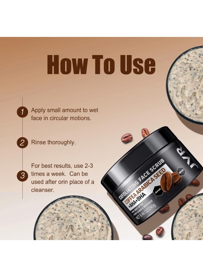 JVR Face Scrub for Men, Facial Scrub for Deep Exfoliating, Cleansing, Removing Blackheads, Ingrown Hairs, Pre-shave Soften, Organic Formulated with Coffee Extract, AHA and BHA Face Exfoliator (8.46 oz) - Image 4