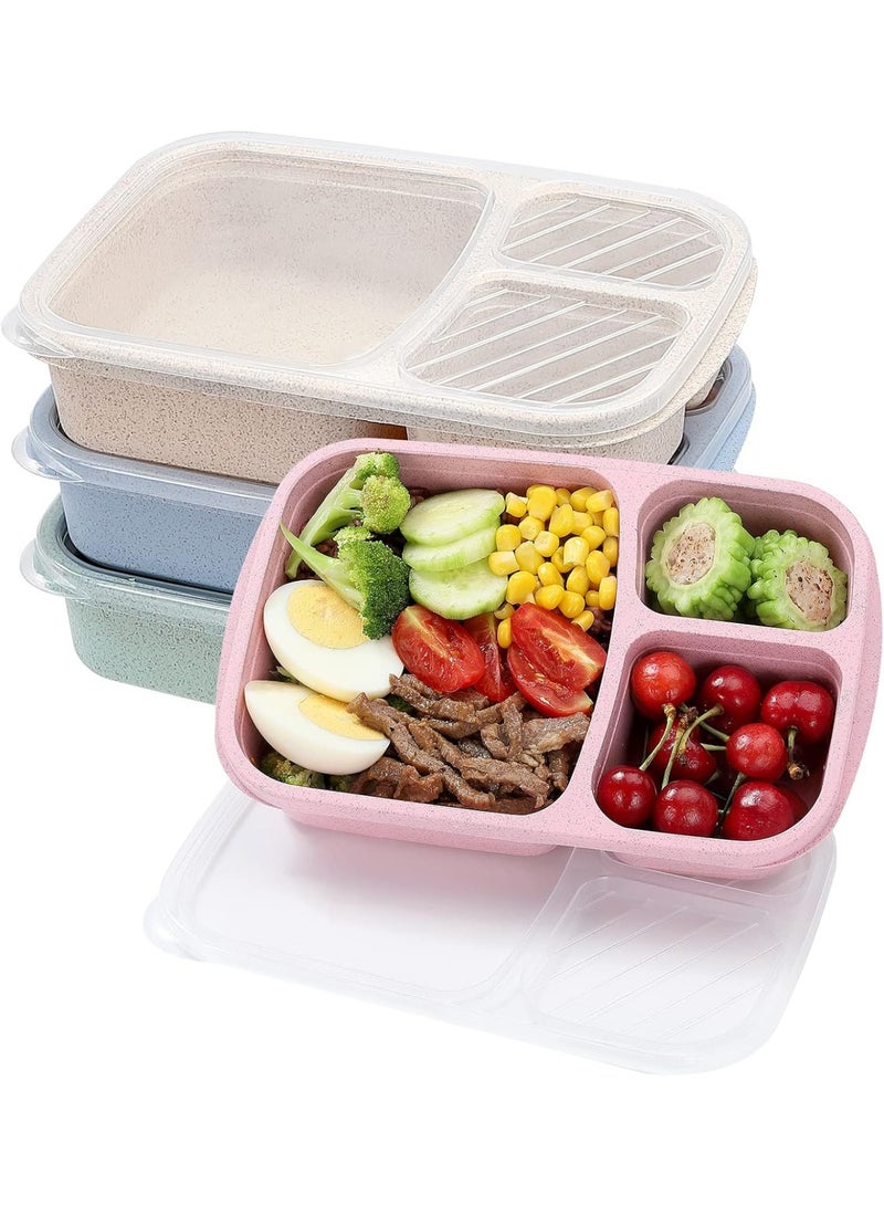 4 Pack Bento Lunch Box Set 3 Compartment Wheat Straw Meal Prep Food Storage Containers Plastic, Microwave and Dishwasher Safe (3 Compartment) - Image 1