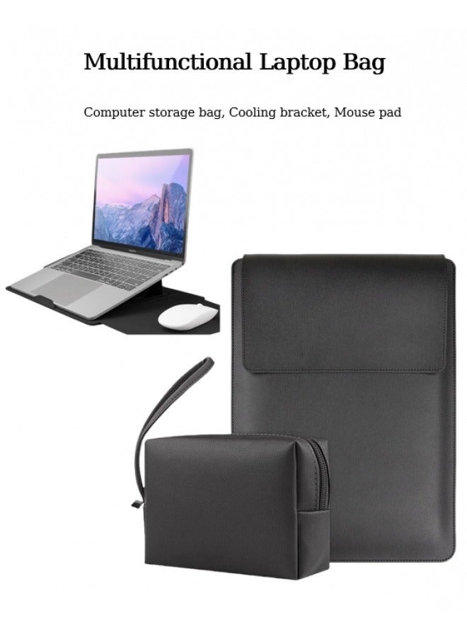 Multi Functional Waterproof Leather Computer Protective Case And Power Bag Set, 13-14 Inch Ultra-thin Notebook Storage Bag, Heat Dissipation Bracket, Mouse Pad, Portable Power Bag, Suitable For Daily Office And Business Travel (Black) - Image 1