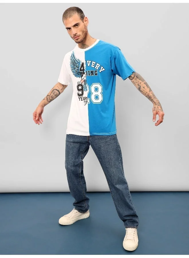 Beyoung White-Blue Color Block Oversized T-shirt for Men