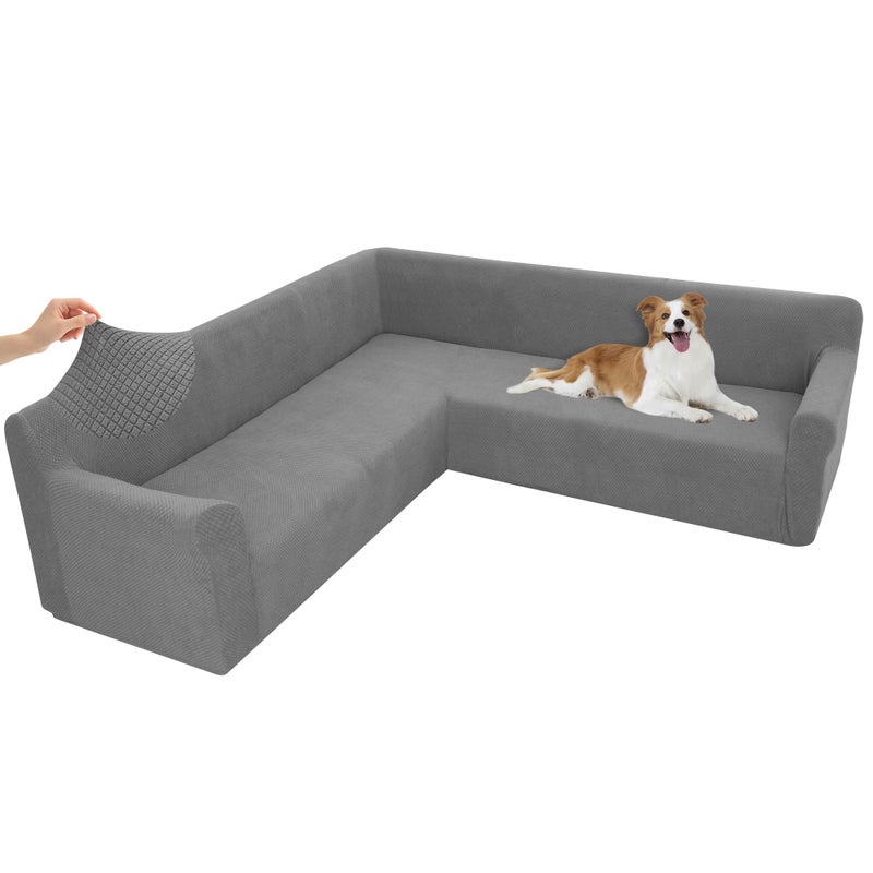 Arfntevss Stretch Sectional Couch Covers L Shaped Corner Sectional Sofa Cover Washable Jacquard Soft Fleece U Shape Sofa Slipcovers Anti Slip Furniture Protector for Dogs Pets (X-Large, Light Gray) - Image 1