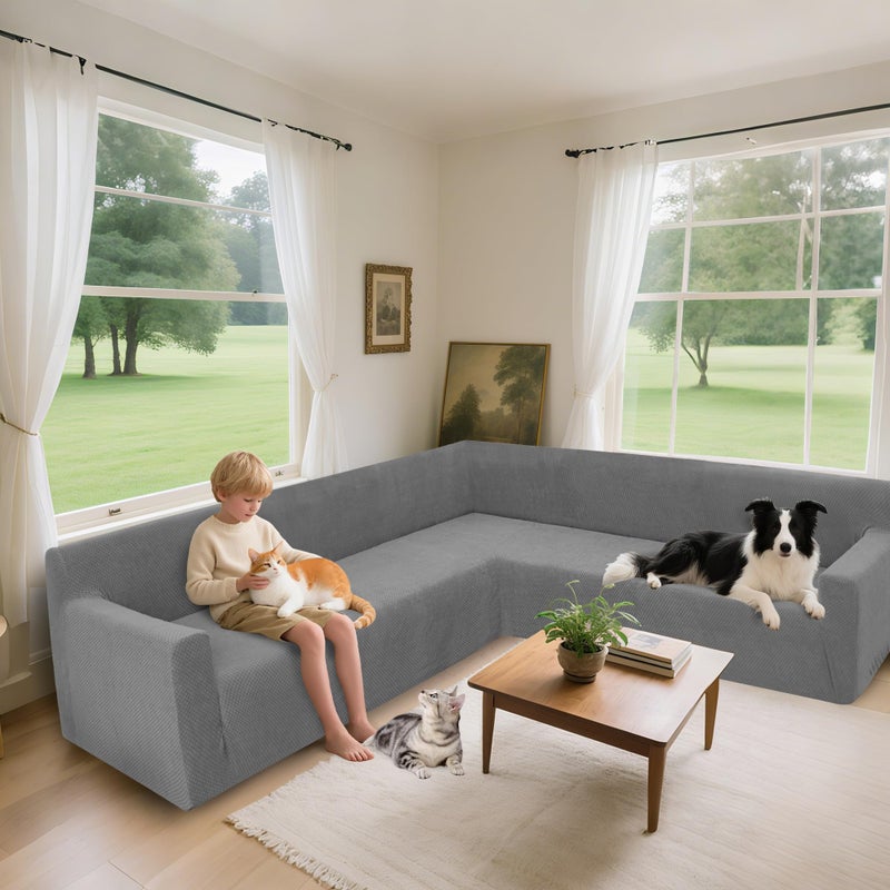 Arfntevss Stretch Sectional Couch Covers L Shaped Corner Sectional Sofa Cover Washable Jacquard Soft Fleece U Shape Sofa Slipcovers Anti Slip Furniture Protector for Dogs Pets (X-Large, Light Gray) - Image 2