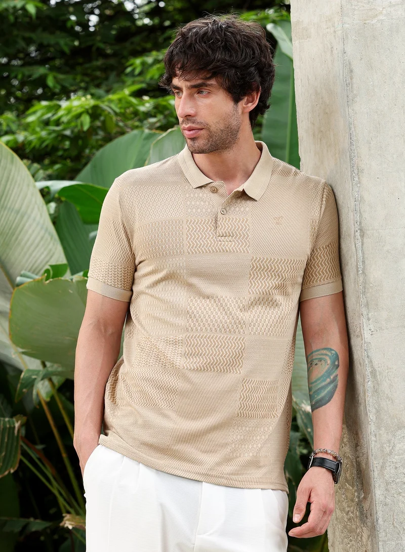 Campus Sutra Men's Khaki Beige Geometric-Blocks Jacquard Polo T-Shirt