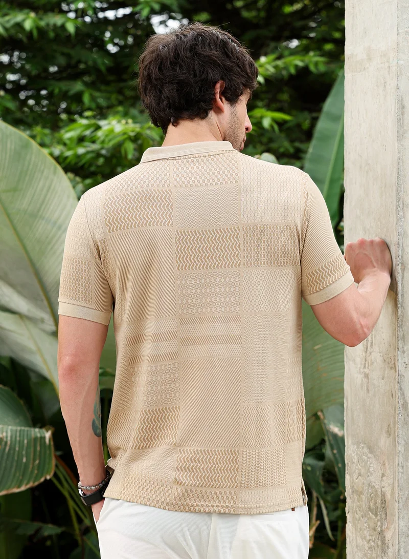 Campus Sutra  Men's Khaki Beige Geometric-Blocks Jacquard Polo T-Shirt for Men | Best Price UAE