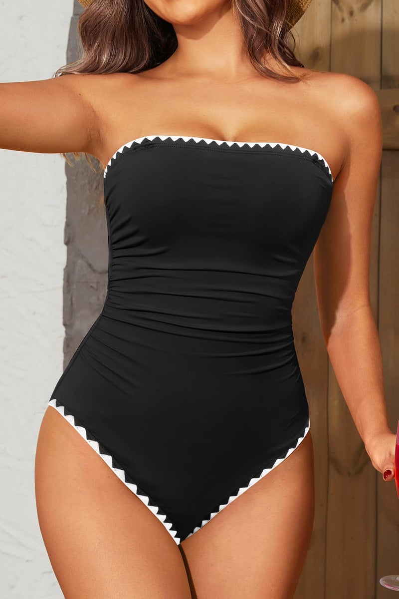 Holipick Women Black with White One Piece Swimsuits Tummy Control Bathing Suits Halter Strapless Bandeau Swimwear S - Image 5