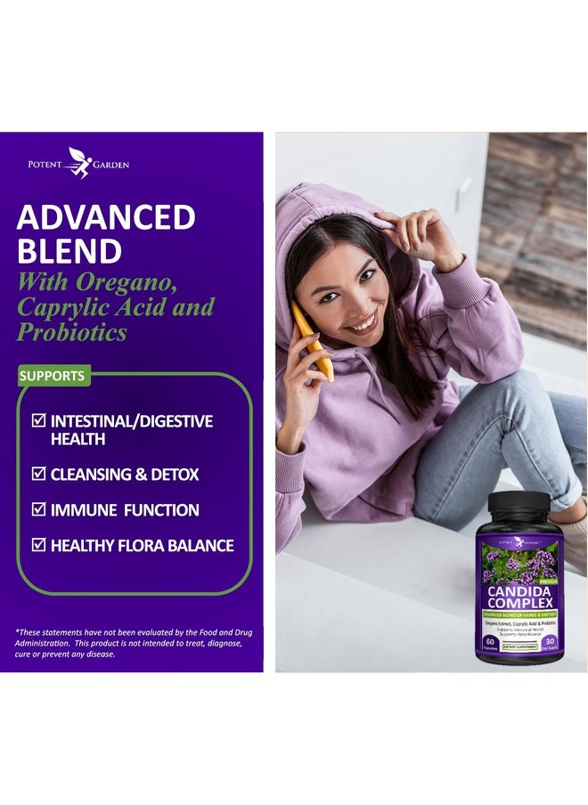 بوتنت جاردن مجمع Potent Garden Candida - مزيج من حمض الأوريجانو وحمض الكابريليك، مجمع توازن نباتات الأمعاء، صحة الأمعاء ودعم المناعة بالأعشاب والبروبيوتيك، مكملات صحة الأمعاء للنساء والرجال، 60 قطعة  - Image 3