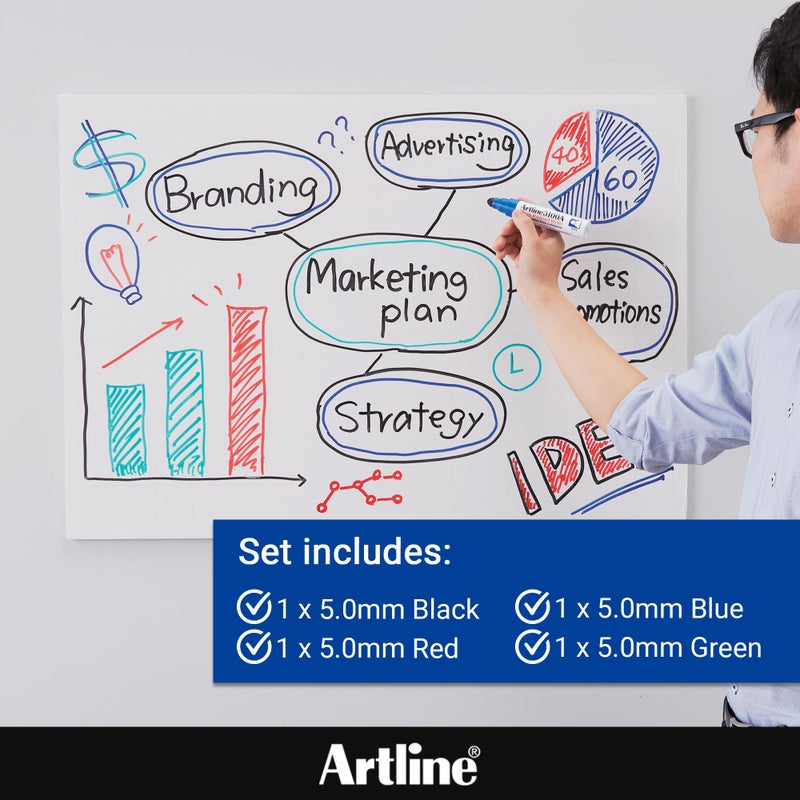 Artline 5100A Big Nib Magnum Whiteboard Dry Erase Markers, Extra Thick 5.0mm Bullet Tip, Readable from a Great Distance, Low Odor Colored Markers for School, Black, Red, Blue, Green, 4-Pack - Image 3