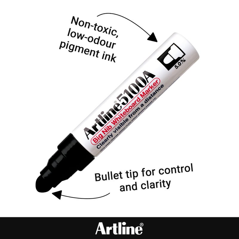 Artline 5100A Big Nib Magnum Whiteboard Dry Erase Markers, Extra Thick 5.0mm Bullet Tip, Readable from a Great Distance, Low Odor Colored Markers for School, Black, Red, Blue, Green, 4-Pack - Image 4