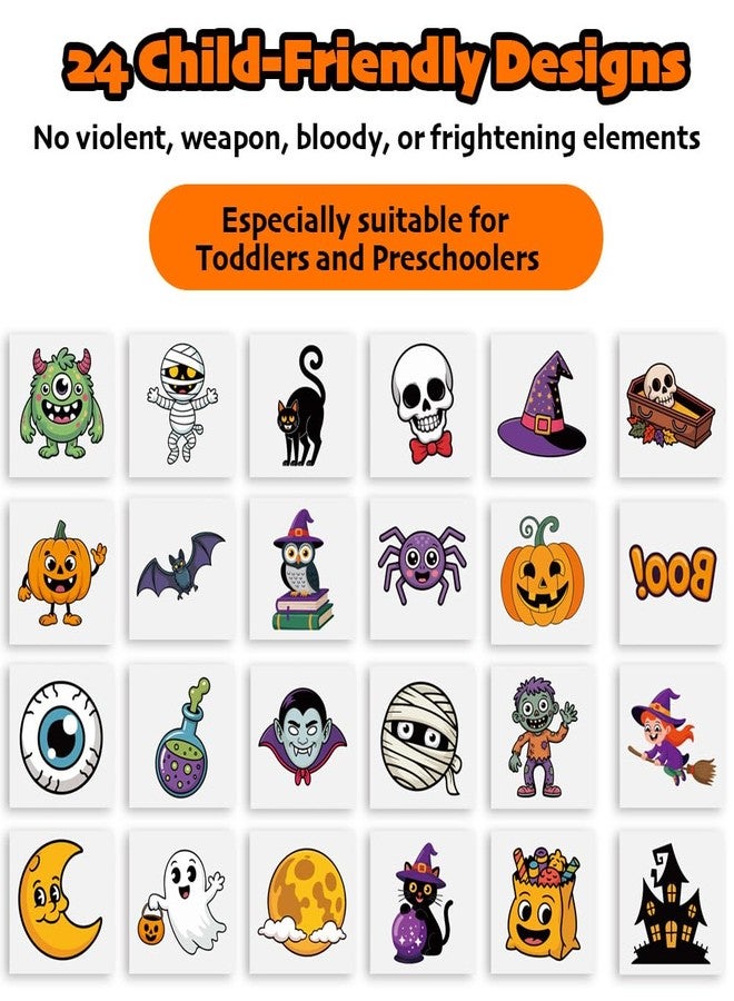 VKTEN 144PCS Halloween Temporary Tattoos for Kids – 24 Unique Child-Friendly Designs, Perforated Sheets – Trick or Treat Party Favors, Classroom Handouts, Exchange Gifts - Image 2