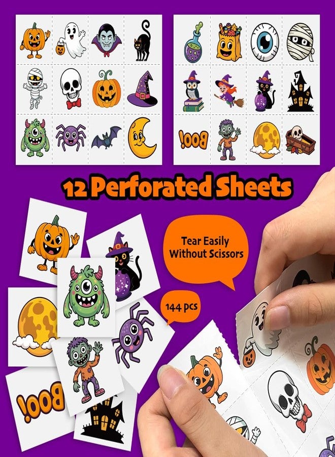 VKTEN 144PCS Halloween Temporary Tattoos for Kids – 24 Unique Child-Friendly Designs, Perforated Sheets – Trick or Treat Party Favors, Classroom Handouts, Exchange Gifts - Image 3