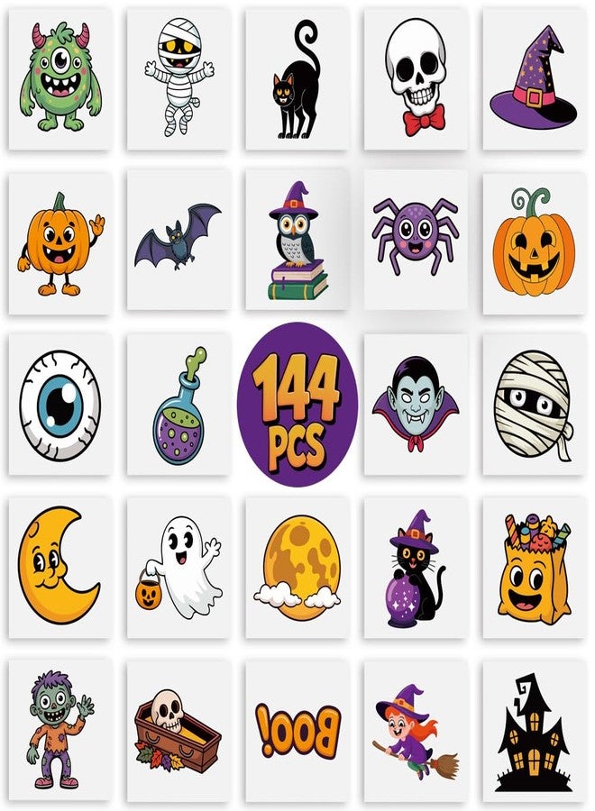 VKTEN 144PCS Halloween Temporary Tattoos for Kids – 24 Unique Child-Friendly Designs, Perforated Sheets – Trick or Treat Party Favors, Classroom Handouts, Exchange Gifts - Image 1