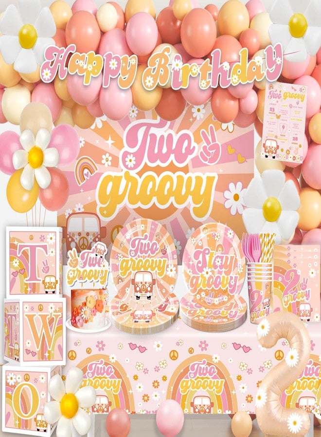 Cocomigo 237pcs Two Groovy Birthday Decorations, One-stop Balloon Arch Tableware Set Includes 40 Thickened Plates 1 Backdrop 2 Tablecloths and 107 Balloons for 2nd Birthday - Image 1