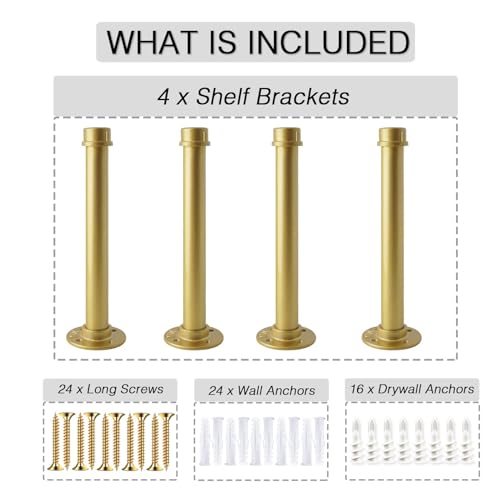 OVOV Gold Industrial Pipe Shelf Brackets Heavy Duty Pipe Floating Shelf Bracket Rustic Wall Mounted Shelving Support for Wood Board 14 Inch 4 Pack - Image 3