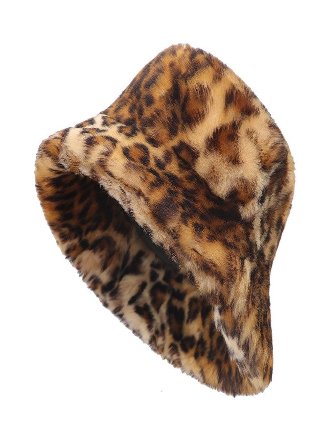 PURFUN Fuzzy Faux Fur Bucket Hat for Men Women, Vintage 1920'S Cloche Hats Bowler Hat Winter Warm Driving Cycling Camping Fisherman Cap Travel Fishing Headwear Head Warmer Leopard - Image 1