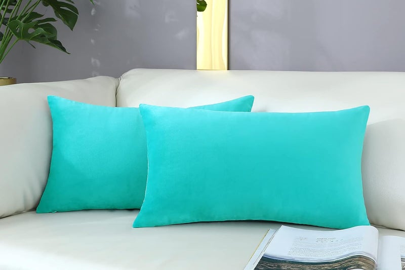 mixeoo Comfy Turquoise Green Throw Pillow Covers Decorative Lumbar Solid Rectangle Thick Velvet Super Soft Cushion Cases Home Decor for Sofa Couch Living Room Chair, Set of 2, 12 x 20 Inch - Image 2