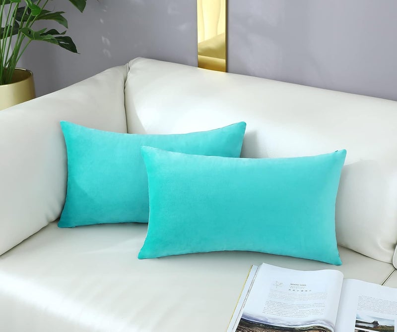 mixeoo Comfy Turquoise Green Throw Pillow Covers Decorative Lumbar Solid Rectangle Thick Velvet Super Soft Cushion Cases Home Decor for Sofa Couch Living Room Chair, Set of 2, 12 x 20 Inch - Image 3
