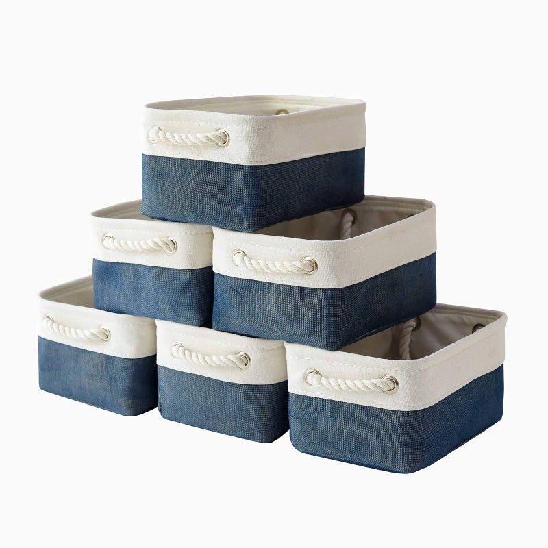 Storage Basket for Organizing  12x8x52 inch Small 6 Pack Fabric Storage Bin Collapsible Baskets for Shelves with Rope Storage Box for Cloth Decorative Laundry CanvasWhite  Blue