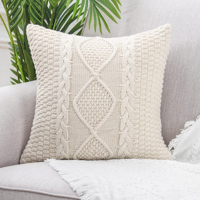 COTTON KNITTED BEIGE DECORATIVE THROW PILLOW COVERS SOFT COZY OUTDOOR CUSHION CASES LUXURY MODERN PILLOWCASES FOR COUCH SOFA BED 24X24 INCHES