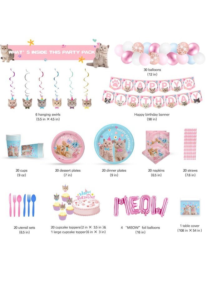 SKEPHWSKA 223 Pieces Cat Party Supplies Set - (Serves 20) - Cat Birthday Party Decorations for Girls/Boys - Kitten Disposable Dinnerware with Happy Birthday Banner Large Foil Balloons Cake Topper, Plates Cups, - Image 2
