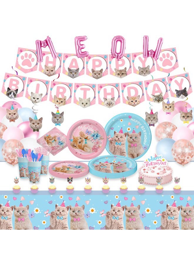 SKEPHWSKA 223 Pieces Cat Party Supplies Set - (Serves 20) - Cat Birthday Party Decorations for Girls/Boys - Kitten Disposable Dinnerware with Happy Birthday Banner Large Foil Balloons Cake Topper, Plates Cups, - Image 1