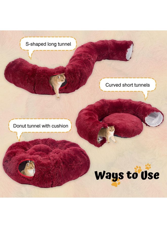 Avont Cat Tunnel Bed with Central Washable Cushion - Large Cat Tunnel Tube Toys 3 Shape to Play for Indoor Cats Kittens Puppies Ferret, Round Plush Fluffy Cat Bed with Tunnels -Red - Image 2