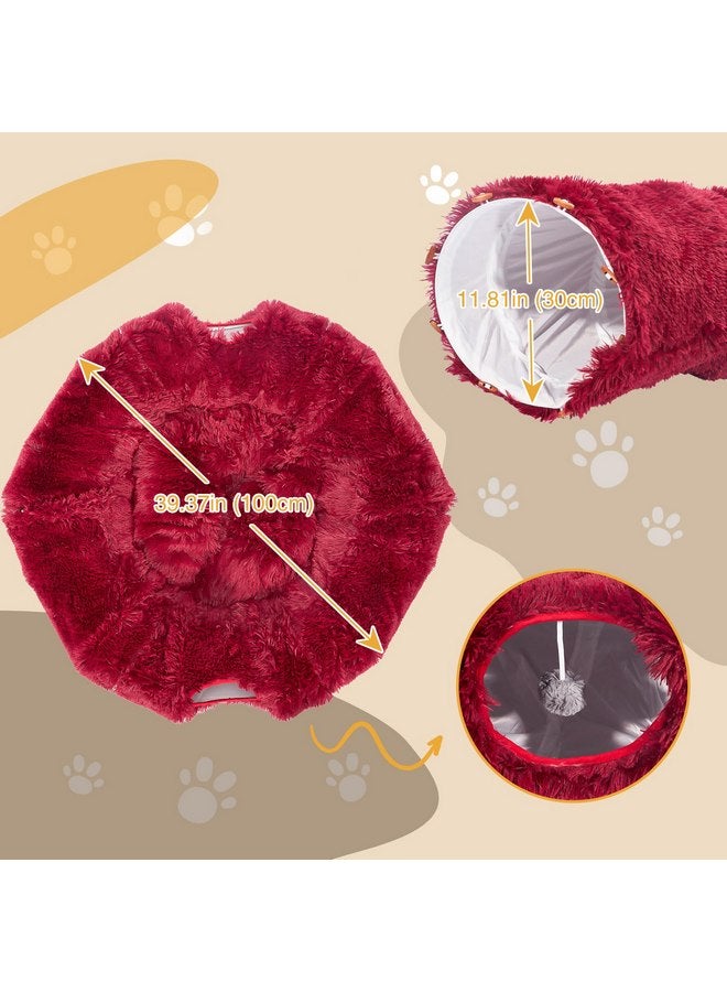 Avont Cat Tunnel Bed with Central Washable Cushion - Large Cat Tunnel Tube Toys 3 Shape to Play for Indoor Cats Kittens Puppies Ferret, Round Plush Fluffy Cat Bed with Tunnels -Red - Image 3