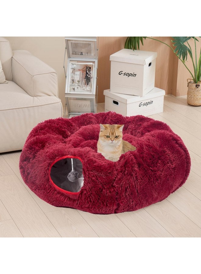 Avont Cat Tunnel Bed with Central Washable Cushion - Large Cat Tunnel Tube Toys 3 Shape to Play for Indoor Cats Kittens Puppies Ferret, Round Plush Fluffy Cat Bed with Tunnels -Red - Image 4