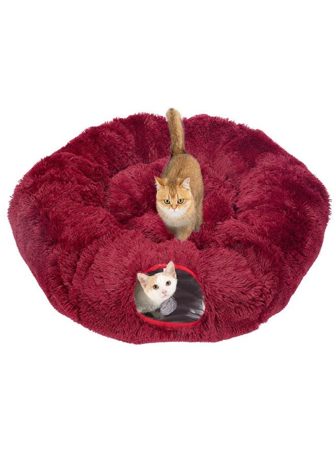 Avont Cat Tunnel Bed with Central Washable Cushion - Large Cat Tunnel Tube Toys 3 Shape to Play for Indoor Cats Kittens Puppies Ferret, Round Plush Fluffy Cat Bed with Tunnels -Red - Image 1