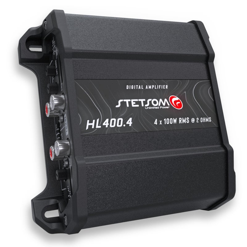 Stetsom HL 400x4 2 Ohms Compact Digital 4 Channel Amplifier 400W RMS 400x4 Full Range High Input Bass Boost Gain 14db Variable Adjustment 3075hz Multichannel Digital Sound Crossover