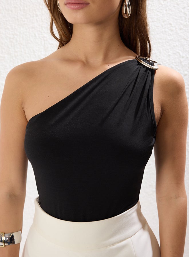 trendyol Black Buckled Accessory Detail Fitted/Fits the Body Snap Elastic Knitted Bodysuit - Image 3