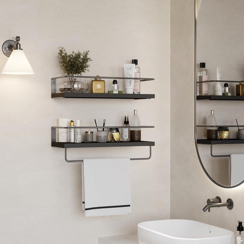 STREET CRAFT loating Shelves with Grey Towel Rack Set of 2 Wall Mounted Hanging Bathroom Shelves Decorative Shelves for Stylish Storage in Bathroom Kitchen Living Room Bedroom - Image 2