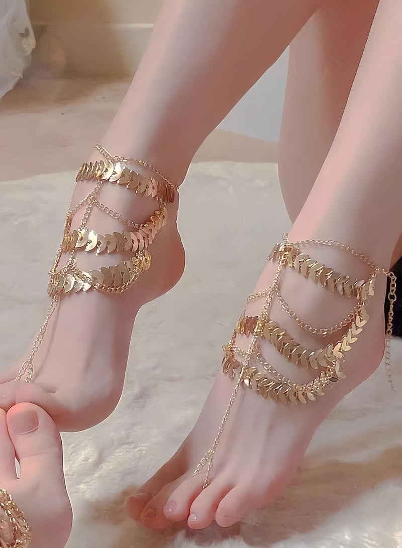 اعاره 1 قطعة سوار صنادل حافية القدمين مجوهرات القدم خلخال متعدد الطبقات - Image 3