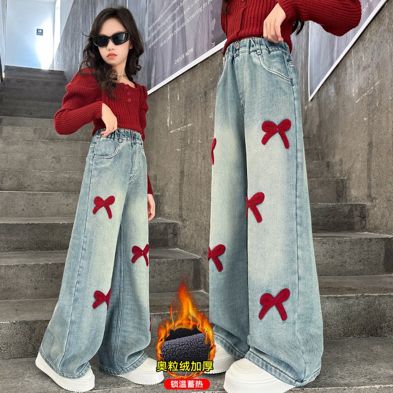 Girls' Jeans Children'S Thickened Wide-Leg Pants 2025 Winter New Style Medium And Large Children'S Fleece-Lined Straight Pants - Image 2