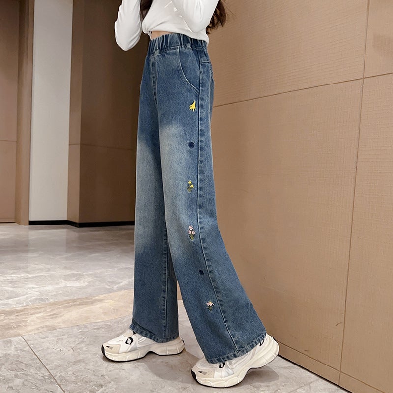 Girls' Jeans Children'S Thickened Wide-Leg Pants 2025 Winter New Style Medium And Large Children'S Fleece-Lined Straight Pants - Image 1
