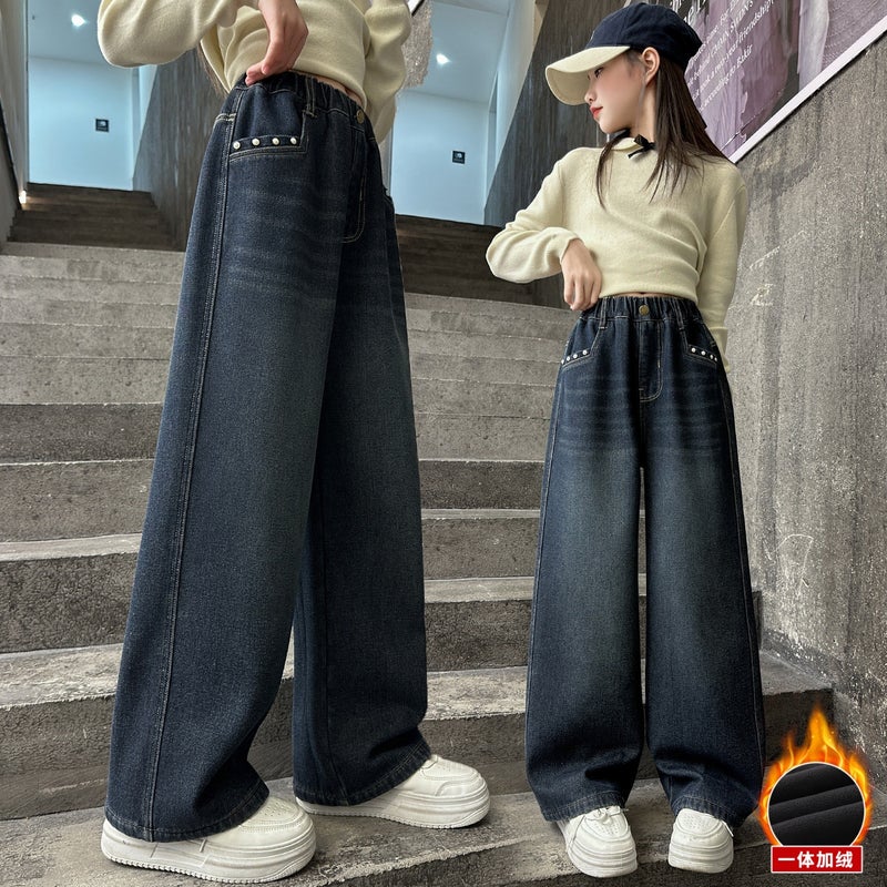Girls' Jeans Children'S Thickened Wide-Leg Pants 2025 Winter New Style Medium And Large Children'S Fleece-Lined Straight Pants - Image 3