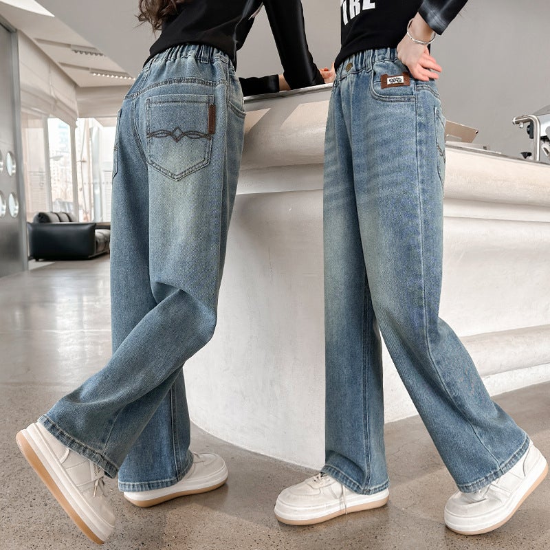 Girls' Jeans Children'S Thickened Wide-Leg Pants 2025 Winter New Style Medium And Large Children'S Fleece-Lined Straight Pants - Image 5