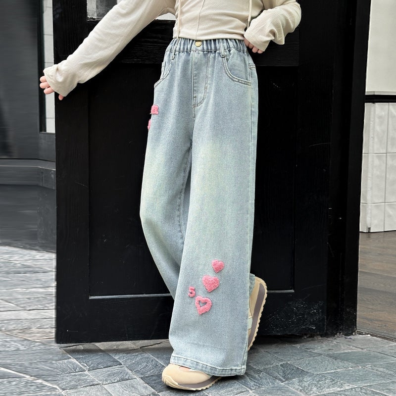Girls' Jeans Children'S Thickened Wide-Leg Pants 2025 Winter New Style Medium And Large Children'S Fleece-Lined Straight Pants - Image 4