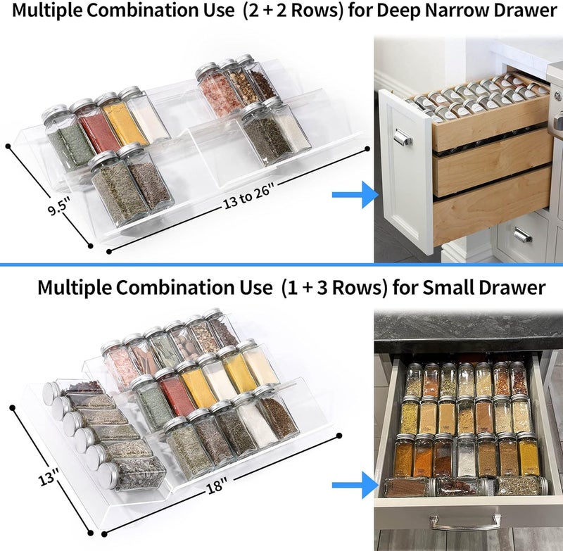 MIUKAA Clear Acrylic Spice Drawer Organizer, 4 Tier- 2 Set Expandable From 13" to 26" Drawer Seasoning Organizer, Kitchen Spice Rack Tray for Drawer/Countertop (Jars not included) - Image 5