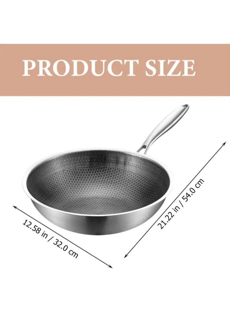 Happy Home Professional Large Wok Pan 304 Stainless Steel Non-Stick Heavy Duty Food Grade (Size: 32cm), Silver - Image 3