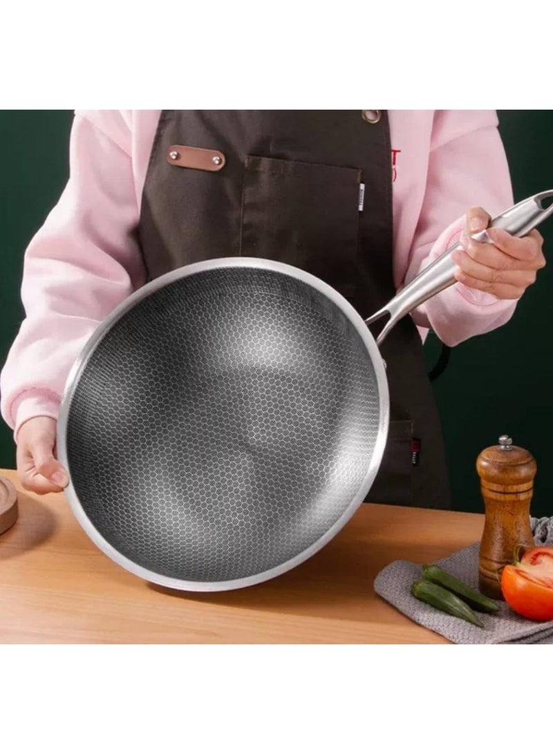 Happy Home Professional Large Wok Pan 304 Stainless Steel Non-Stick Heavy Duty Food Grade (Size: 32cm), Silver - Image 2