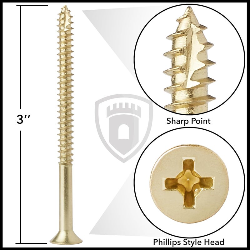 CAULDHAM Store Bright Brass Wood Screws #9 x 3 Inch for Door Hinges - 25 Pack - Image 4