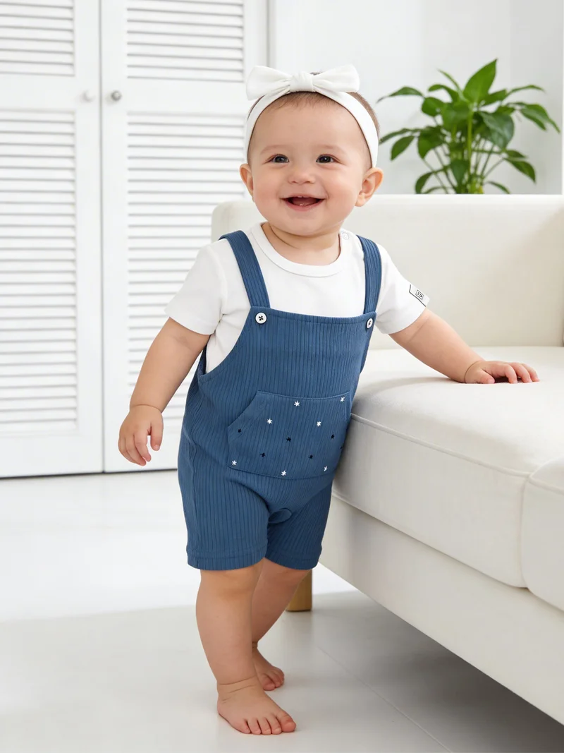 Babies Basic Babies Basic Ribbed Cotton Dungaree with Short Sleeves T-shirt