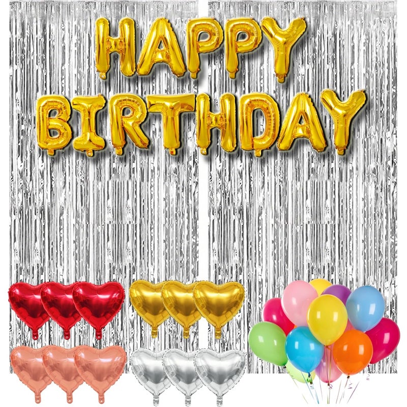 wohohoho 77Pcs Silver Happy Birthday Party Decorations Kit, Happy Birthday Banner, Silver Streamers Foil Tinsel Backdrop, 4 Colors Heart Balloons with 50Pcs Colorful Balloons Party Decor for Women Men Boy Teen - Image 1