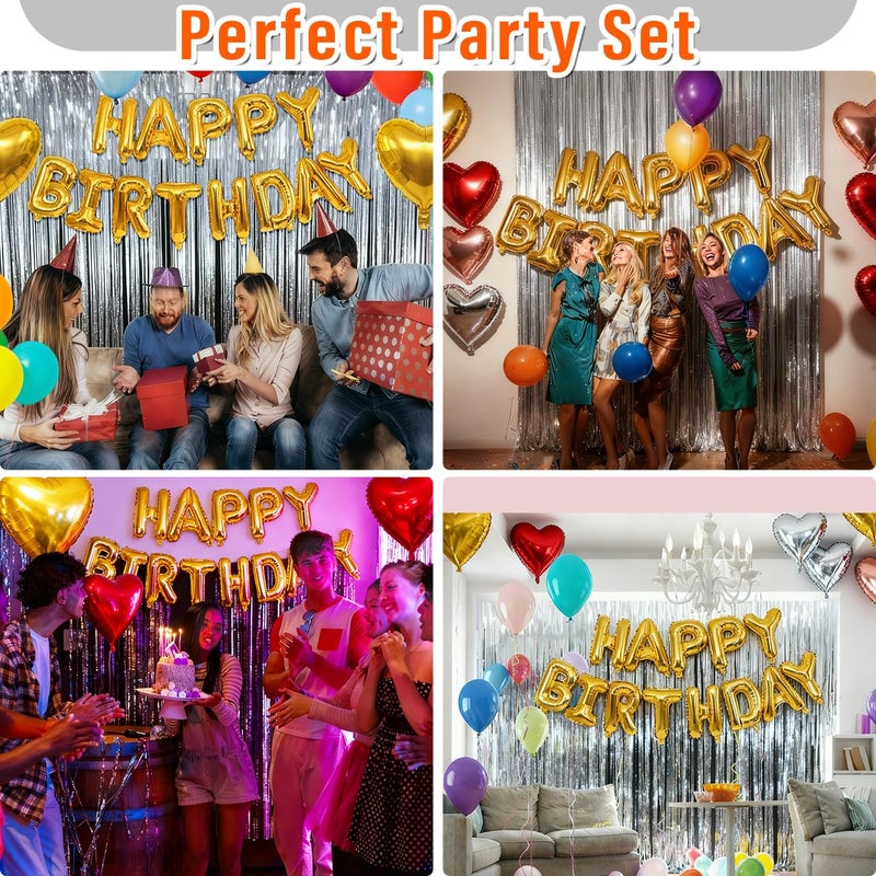 wohohoho 77Pcs Silver Happy Birthday Party Decorations Kit, Happy Birthday Banner, Silver Streamers Foil Tinsel Backdrop, 4 Colors Heart Balloons with 50Pcs Colorful Balloons Party Decor for Women Men Boy Teen - Image 4